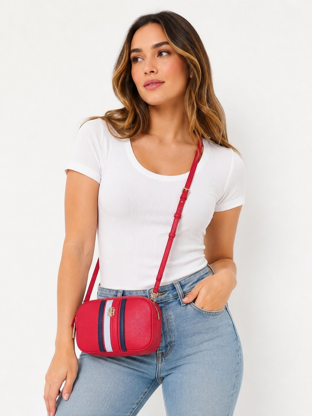 Tommy Hilfiger Red Pebbled Leather Crossbody Bag